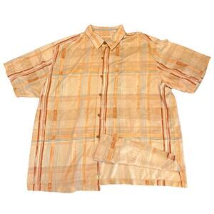 Tommy Bahama Shirt Men's XXL Check Plaid Silk Orange Tropical Beach Relaxed